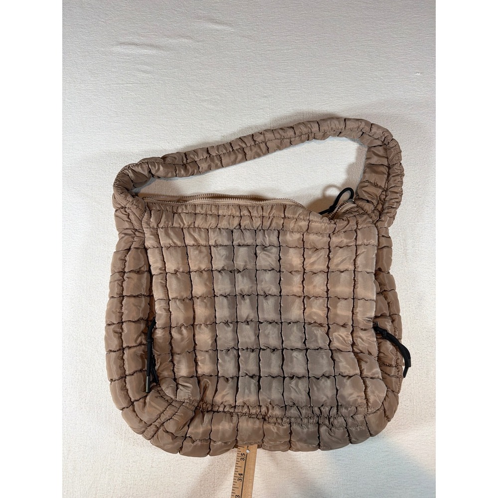 Katydid Puffer Shoulder Bag Tan Quilted Grid Tote Zippered Pockets Athleisure